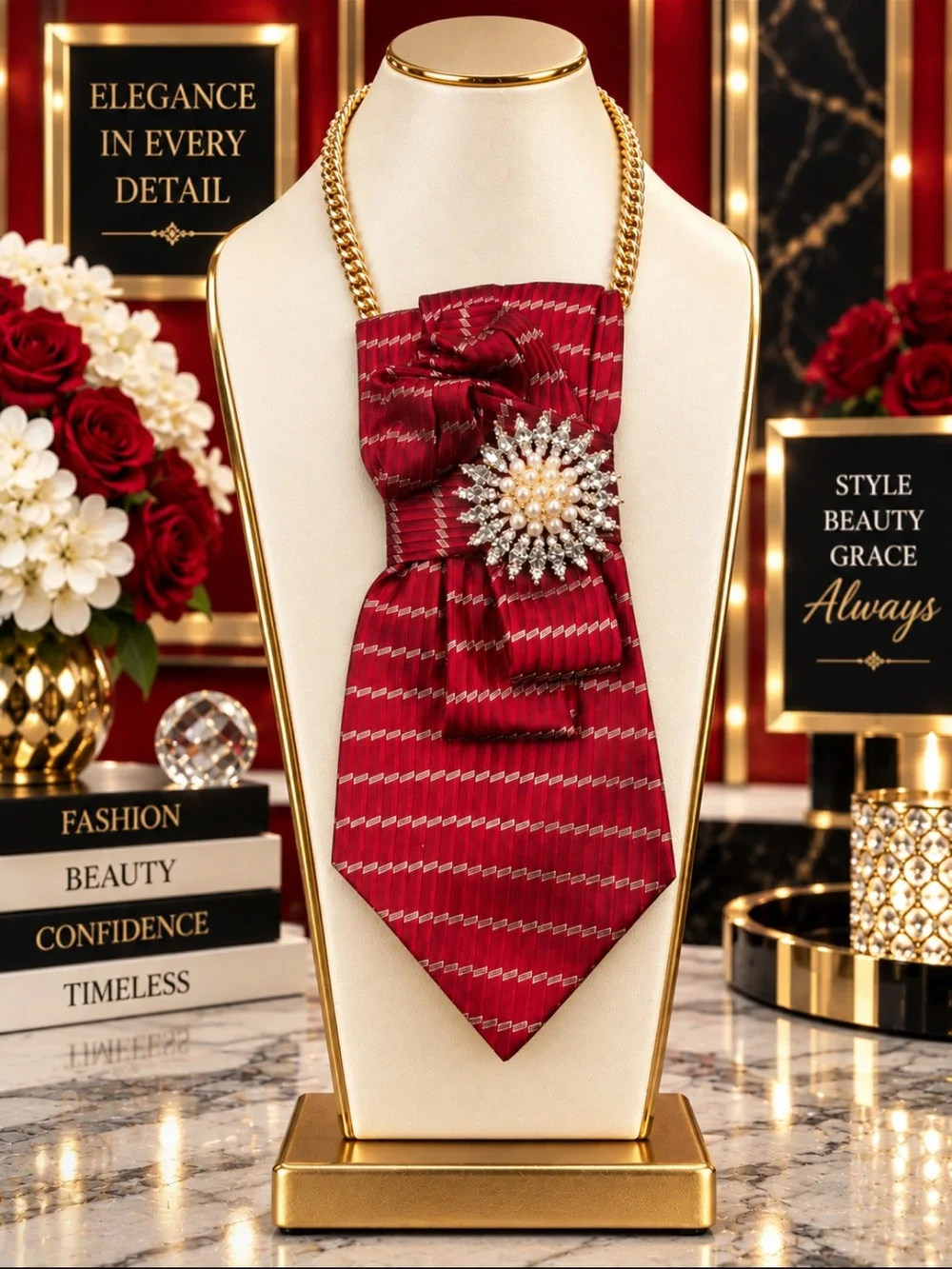OOAK NWOT Red Gold 100% Silk Tie Necklace Handcrafted Crystal Pearl Wearable Art